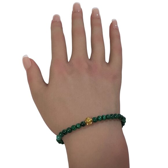 18K Gold Money Coin Ball Charm Bracelet Mini Gemstone Natural Malachite 4mm - Picture 7 of 8